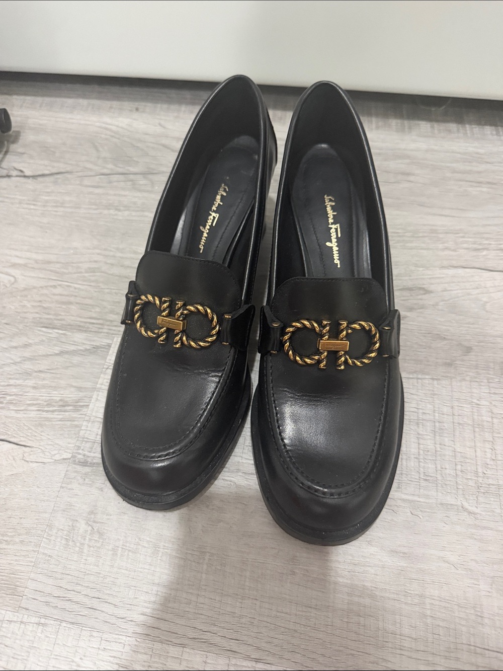 Salvatore Ferragamo Black Leather Loafers with Gold Gancini Trim